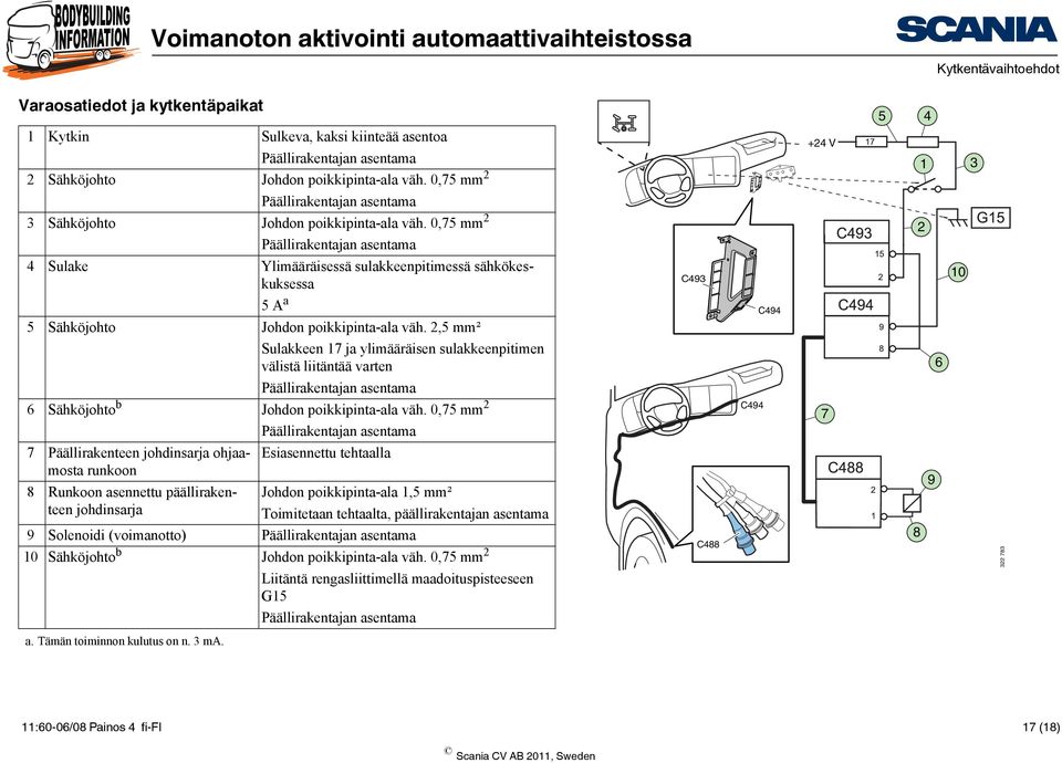 0,75 mm 2 Päällirakentajan asentama 2 4 Sulake Ylimääräisessä sulakkeenpitimessä sähkökeskuksessa 5 A a 5 Sähköjohto Johdon poikkipinta-ala väh.