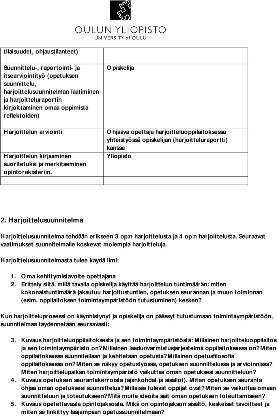 Opiskelija Ohjaava opettaja harjoitteluoppilaitoksessa yhteistyössä opiskelijan (harjoitteluraportti) kanssa Yliopisto 2.