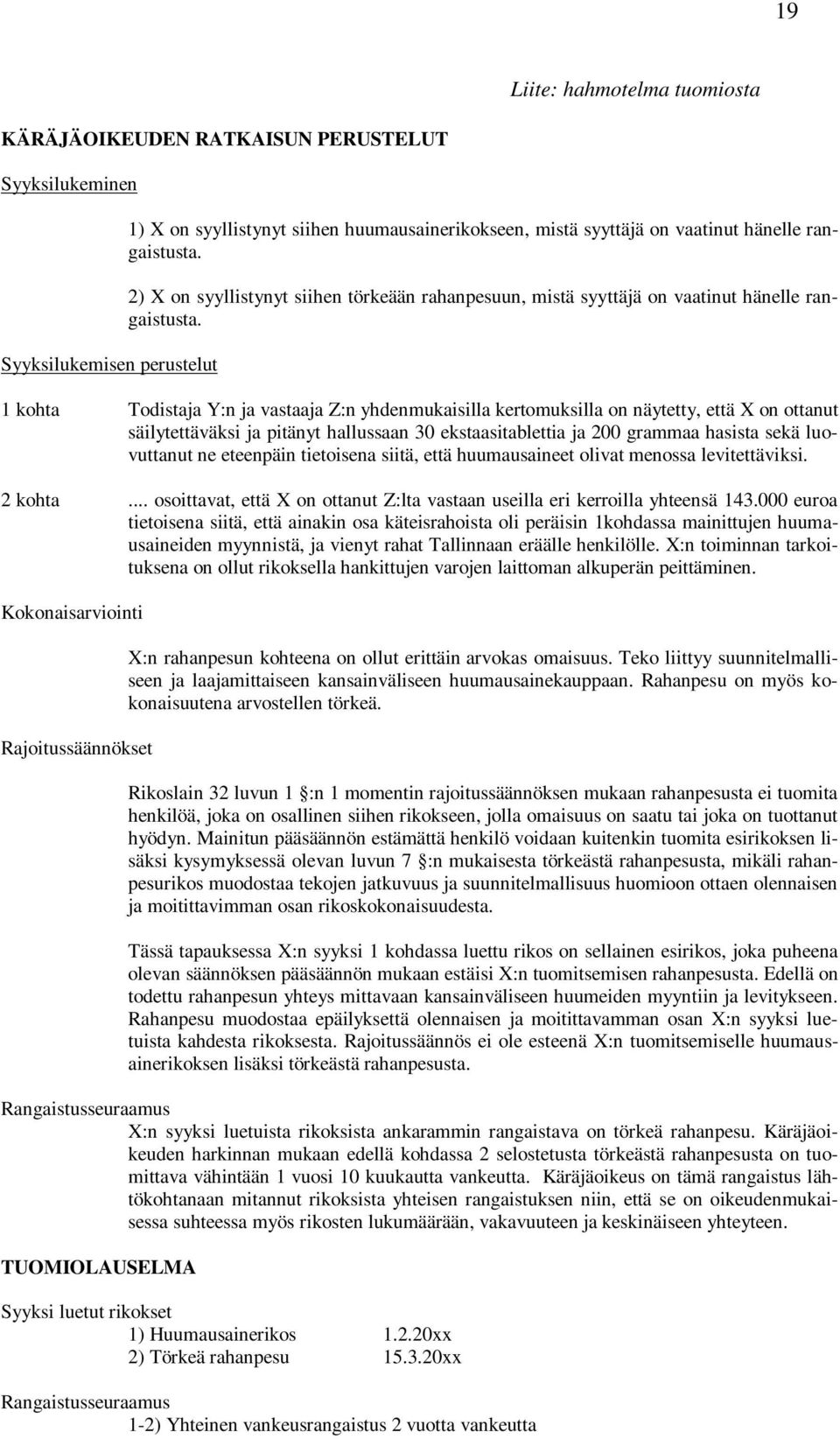 1 kohta Todistaja Y:n ja vastaaja Z:n yhdenmukaisilla kertomuksilla on näytetty, että X on ottanut säilytettäväksi ja pitänyt hallussaan 30 ekstaasitablettia ja 200 grammaa hasista sekä luovuttanut