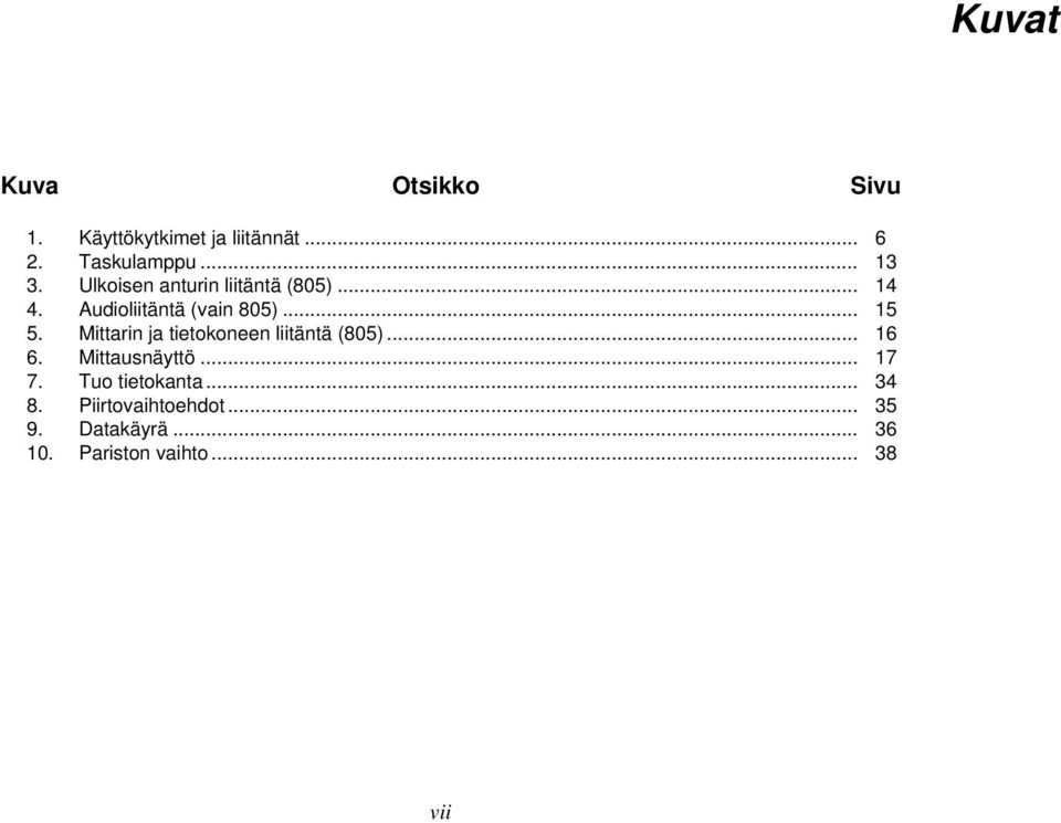6. Mittarin ja tietokoneen liitäntä (805)... 16 Mittausnäyttö... 17 7.