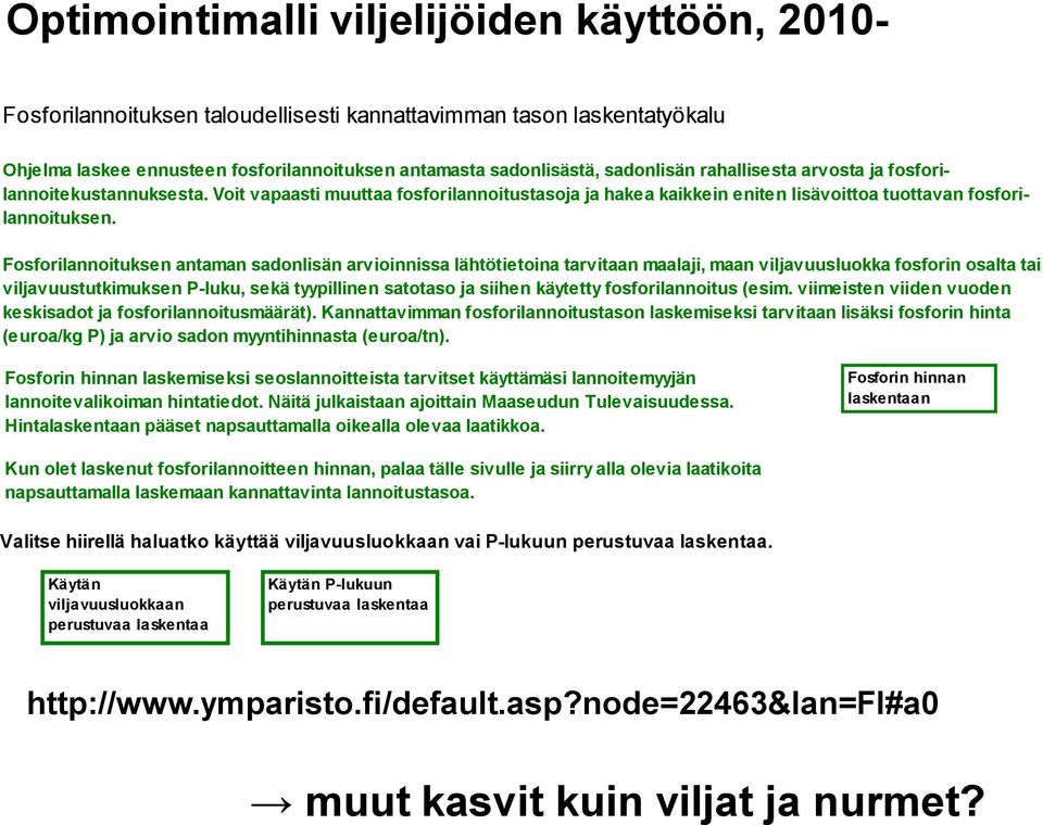 Fosforilannoituksen antaman sadonlisän arvioinnissa lähtötietoina tarvitaan maalaji, maan viljavuusluokka fosforin osalta tai viljavuustutkimuksen P-luku, sekä tyypillinen satotaso ja siihen käytetty