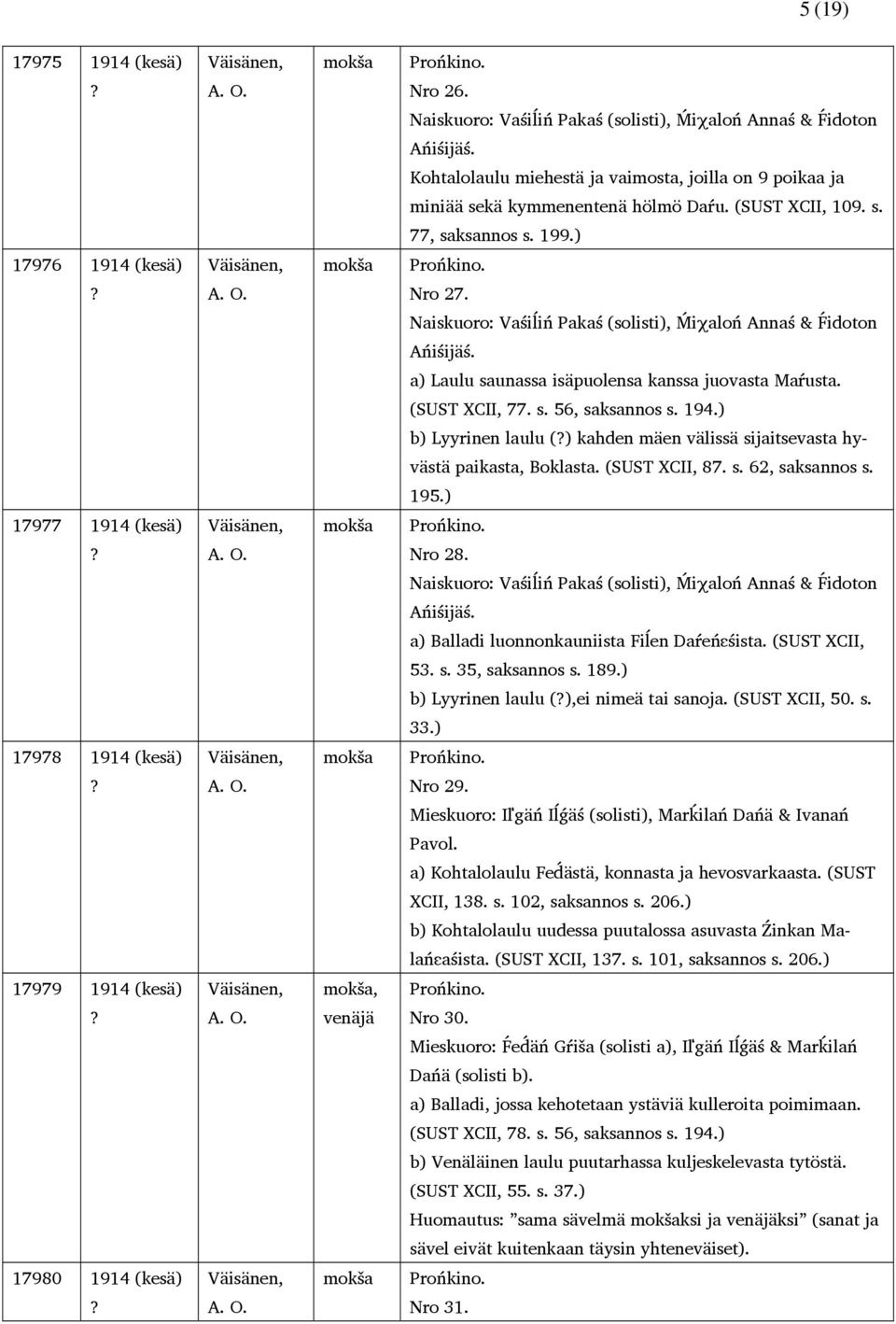(SUST XCII, 77. s. 56, saksannos s. 194.) b) Lyyrinen laulu () kahden mäen välissä sijaitsevasta hyvästä paikasta, Boklasta. (SUST XCII, 87. s. 62, saksannos s. 195.) 17977 1914 (kesä) Nro 28.