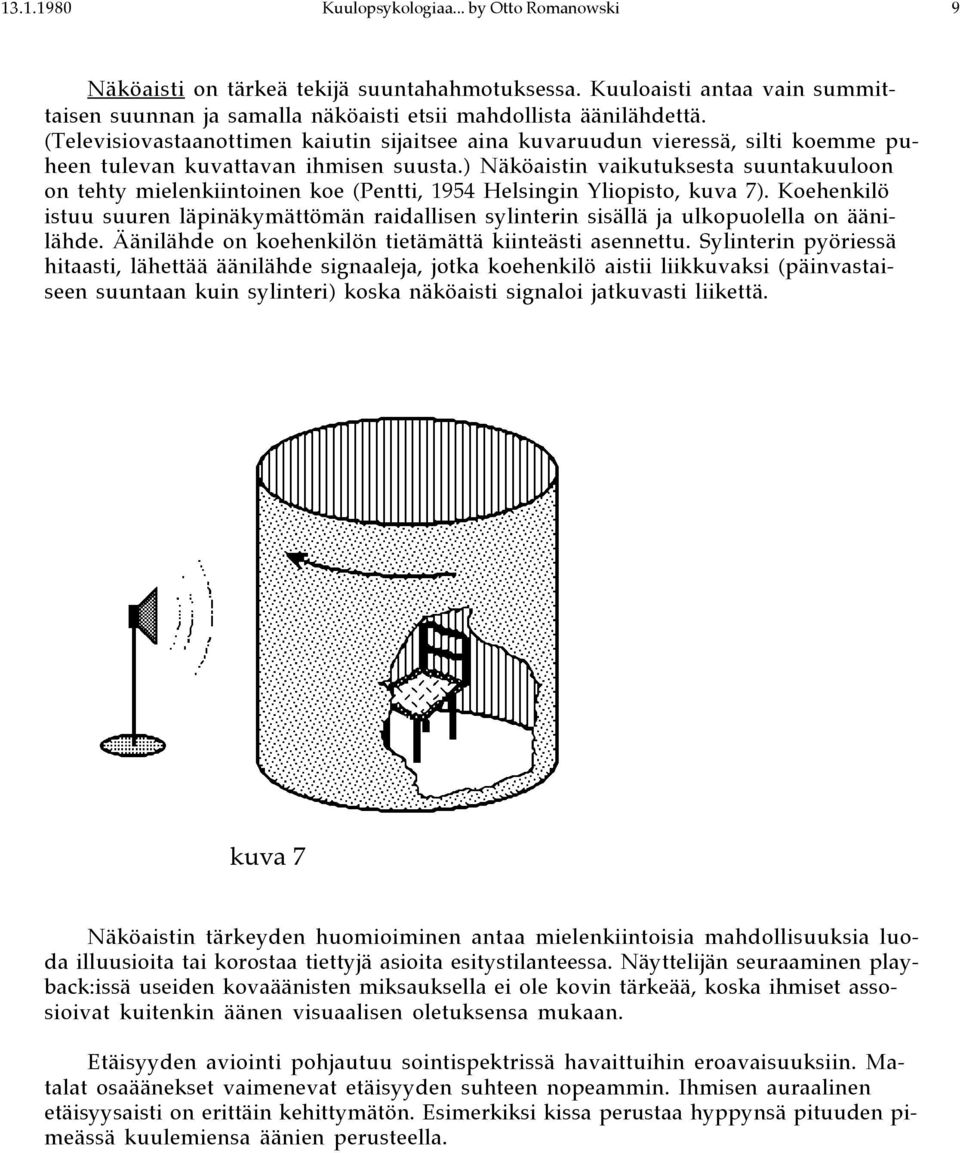 ) Näköaistin vaikutuksesta suuntakuuloon on tehty mielenkiintoinen koe (Pentti, 1954 Helsingin Yliopisto, kuva 7).