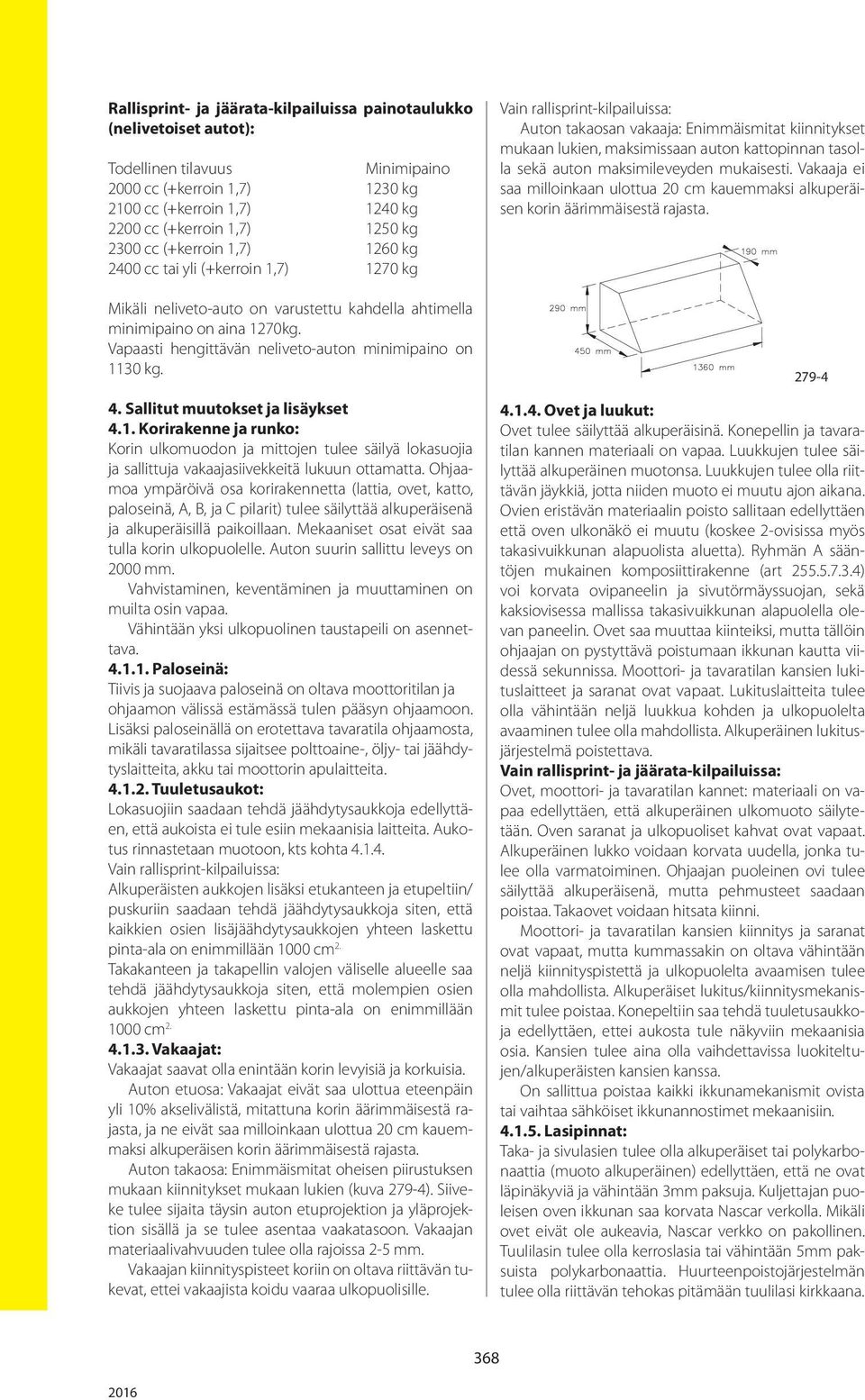 Vapaasti hengittävän neliveto-auton minimipaino on 1130 kg. 4. Sallitut muutokset ja lisäykset 4.1. Korirakenne ja runko: Korin ulkomuodon ja mittojen tulee säilyä lokasuojia ja sallittuja vakaajasiivekkeitä lukuun ottamatta.