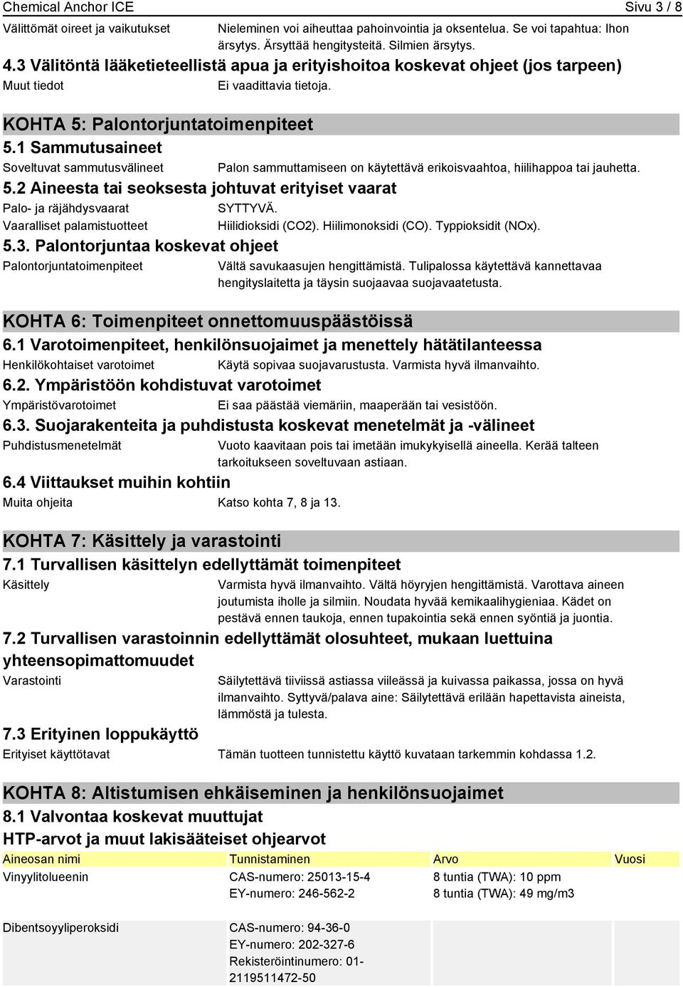 1 Sammutusaineet Soveltuvat sammutusvälineet 5.2 Aineesta tai seoksesta johtuvat erityiset vaarat Palo- ja räjähdysvaarat SYTTYVÄ. Vaaralliset palamistuotteet Hiilidioksidi (CO2). Hiilimonoksidi (CO).