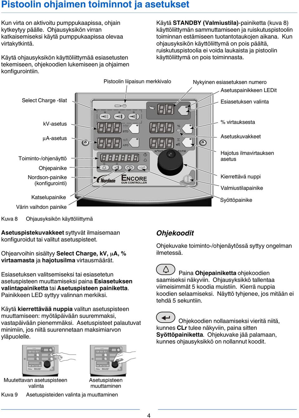 Pistoolin liipaisun merkkivalo Käytä STANDBY (Valmiustila)-painiketta (kuva 8) käyttöliittymän sammuttamiseen ja ruiskutuspistoolin toiminnan estämiseen tuotantotaukojen aikana.