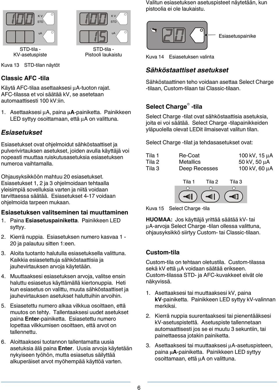 AFC-tilassa et voi säätää kv, se asetetaan automaattisesti 100 kv:iin. 1. Asettaaksesi μa, paina A-painiketta. Painikkeen LED syttyy osoittamaan, että μa on valittuna.