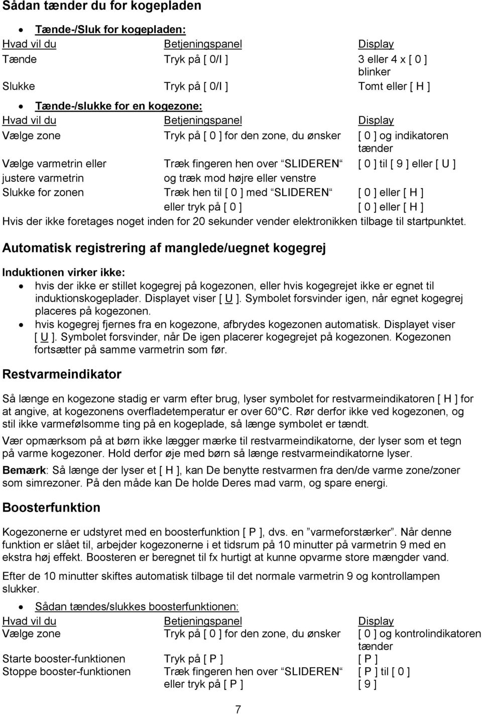 eller [ U ] justere varmetrin og træk mod højre eller venstre Slukke for zonen Træk hen til [ 0 ] med SLIDEREN [ 0 ] eller [ H ] eller tryk på [ 0 ] [ 0 ] eller [ H ] Hvis der ikke foretages noget