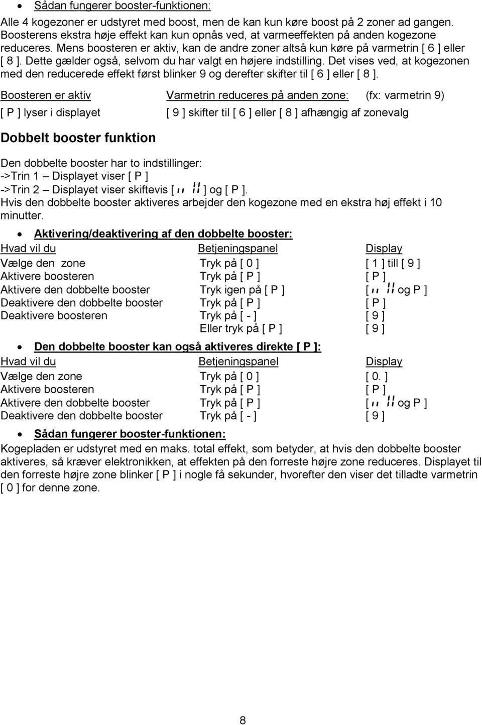 Dette gælder også, selvom du har valgt en højere indstilling. Det vises ved, at kogezonen med den reducerede effekt først blinker 9 og derefter skifter til [ 6 ] eller [ 8 ].