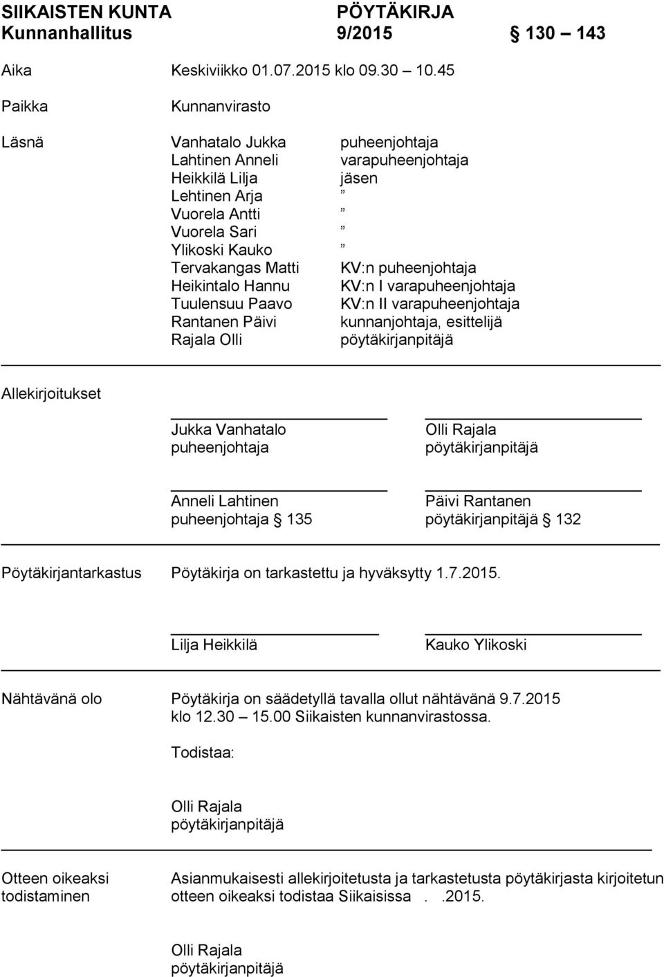 puheenjohtaja Heikintalo Hannu KV:n I varapuheenjohtaja Tuulensuu Paavo KV:n II varapuheenjohtaja Rantanen Päivi kunnanjohtaja, esittelijä Rajala Olli pöytäkirjanpitäjä Allekirjoitukset Jukka