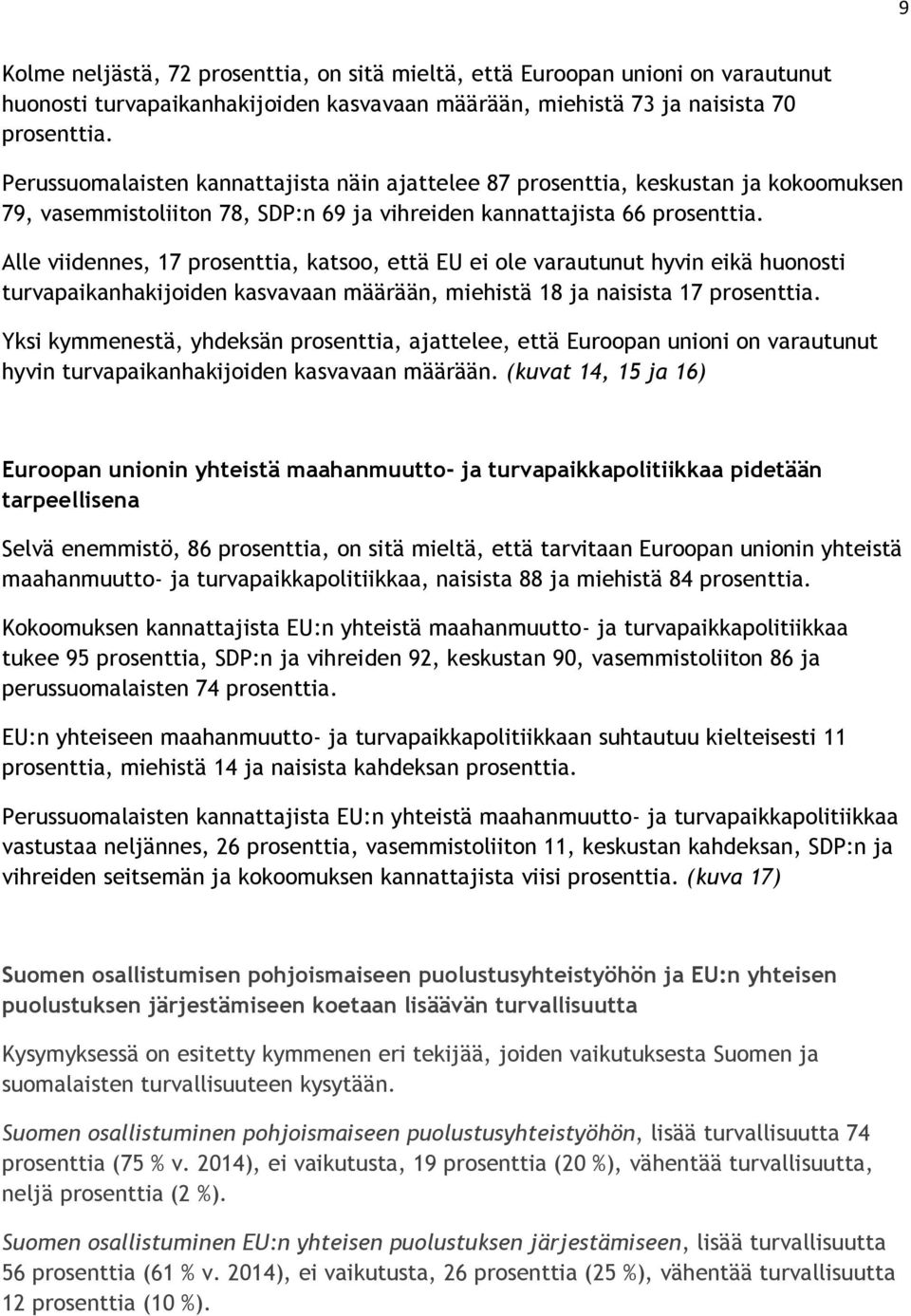 Alle viidennes, 17 prosenttia, katsoo, että EU ei ole varautunut hyvin eikä huonosti turvapaikanhakijoiden kasvavaan määrään, miehistä 18 ja naisista 17 prosenttia.