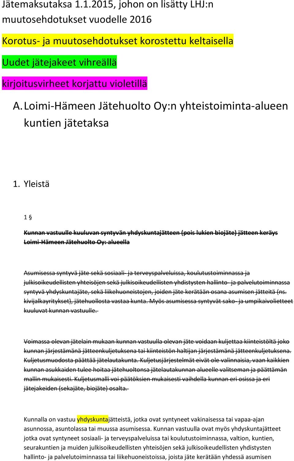 Yleistä 1 Kunnan vastuulle kuuluvan syntyvän yhdyskuntajätteen (pois lukien biojäte) jätteen keräys Loimi-Hämeen Jätehuolto Oy: alueella Asumisessa syntyvä jäte sekä sosiaali- ja terveyspalveluissa,