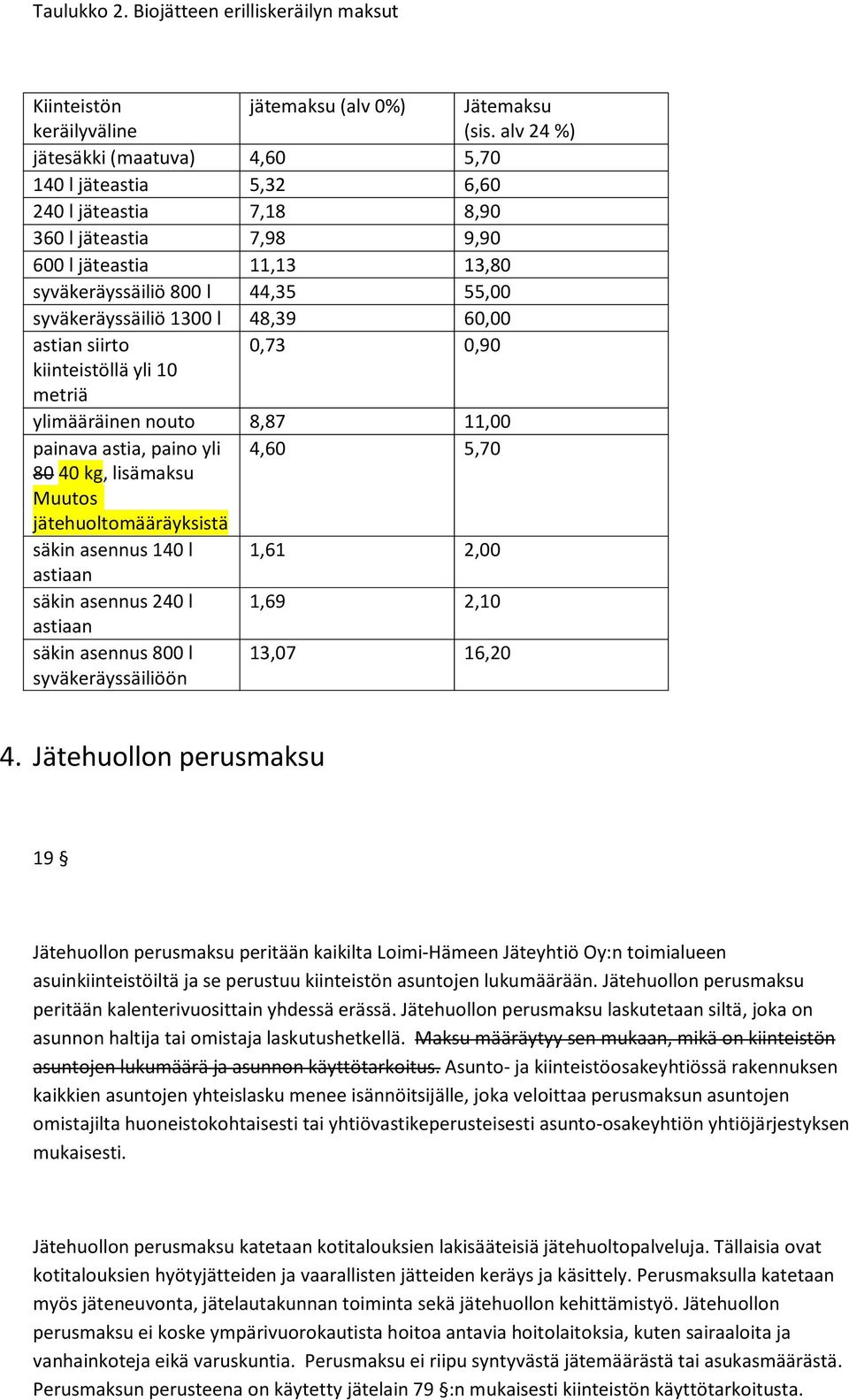 1300 l 48,39 60,00 astian siirto 0,73 0,90 kiinteistöllä yli 10 metriä ylimääräinen nouto 8,87 11,00 painava astia, paino yli 4,60 5,70 80 40 kg, lisämaksu Muutos jätehuoltomääräyksistä säkin asennus