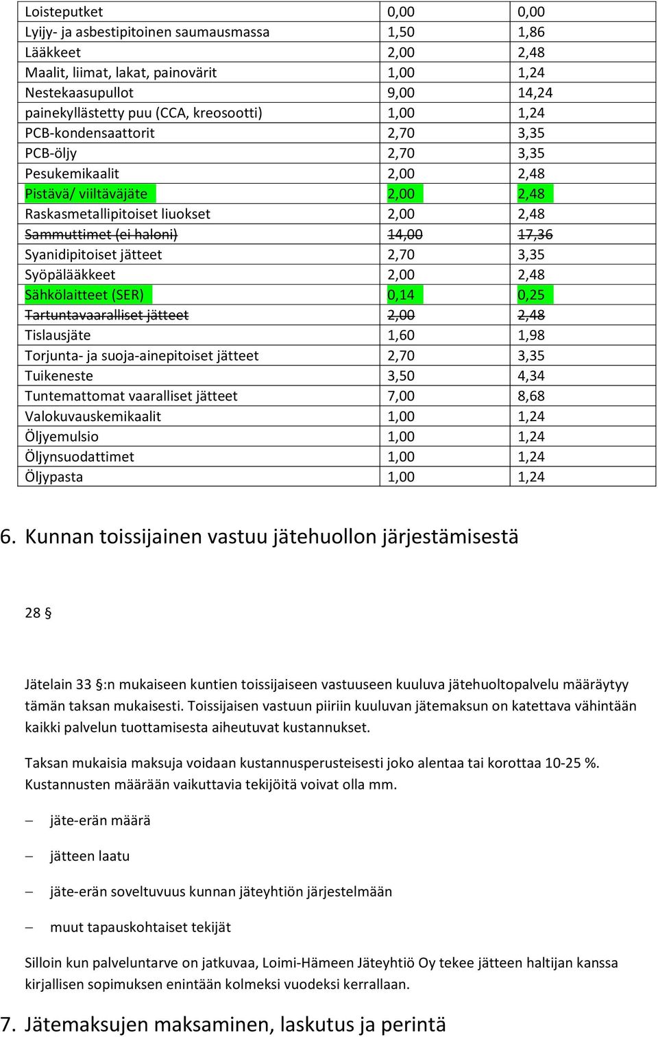 17,36 Syanidipitoiset jätteet 2,70 3,35 Syöpälääkkeet 2,00 2,48 Sähkölaitteet (SER) 0,14 0,25 Tartuntavaaralliset jätteet 2,00 2,48 Tislausjäte 1,60 1,98 Torjunta- ja suoja-ainepitoiset jätteet 2,70