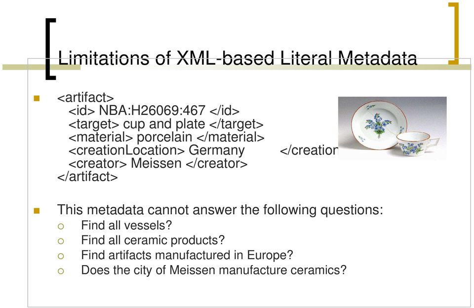 </artifact> </creationlocation> This metadata cannot answer the following questions: Find all vessels?