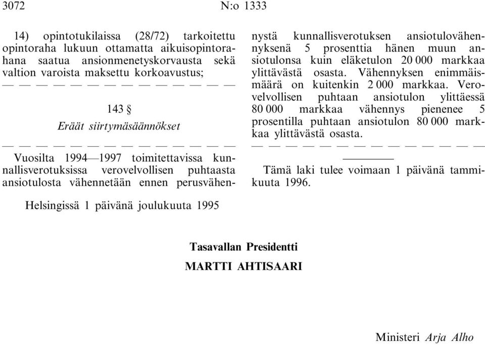 prosenttia hänen muun ansiotulonsa kuin eläketulon 20 000 markkaa ylittävästä osasta. Vähennyksen enimmäismäärä on kuitenkin 2 000 markkaa.