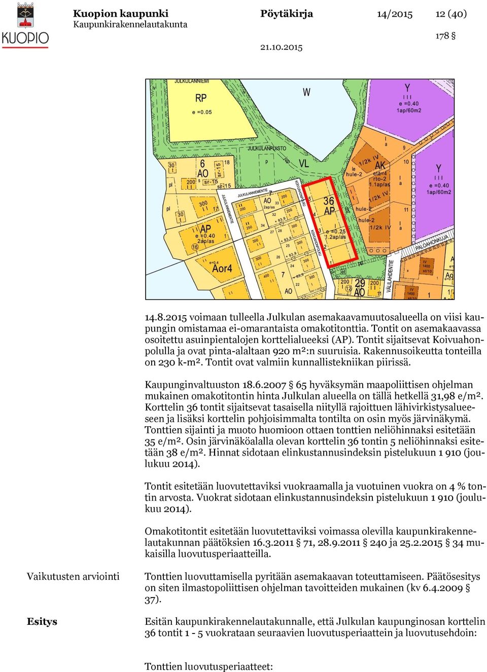 Tontit ovat valmiin kunnallistekniikan piirissä. Kaupunginvaltuuston 18.6.2007 65 hyväksymän maapoliittisen ohjelman mukainen omakotitontin hinta Julkulan alueella on tällä hetkellä 31,98 e/m².