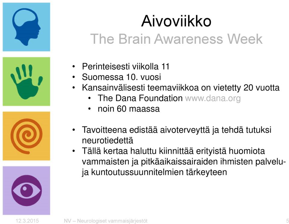 org noin 60 maassa Tavoitteena edistää aivoterveyttä ja tehdä tutuksi neurotiedettä Tällä kertaa haluttu