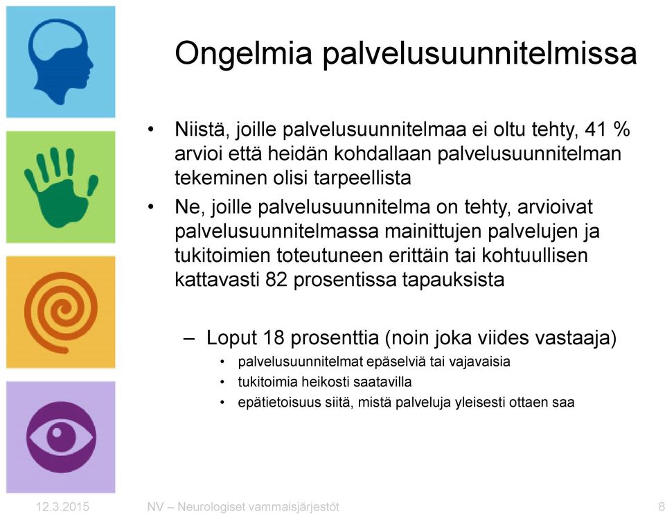 toteutuneen erittäin tai kohtuullisen kattavasti 82 prosentissa tapauksista Loput 18 prosenttia (noin joka viides vastaaja) palvelusuunnitelmat