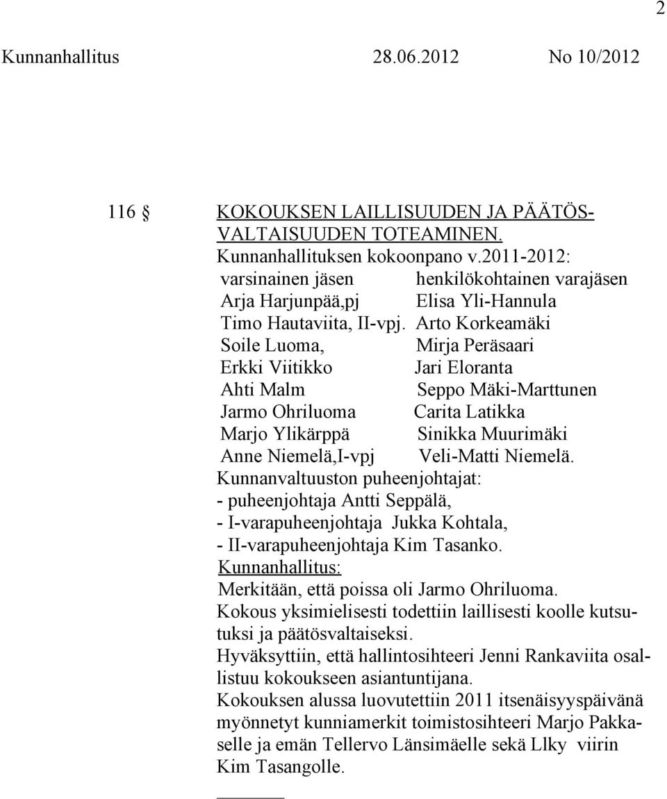 Arto Korkeamäki Soile Luoma, Mirja Peräsaari Erkki Viitikko Jari Eloranta Ahti Malm Seppo Mäki-Marttunen Jarmo Ohriluoma Carita Latikka Marjo Ylikärppä Sinikka Muurimäki Anne Niemelä,I-vpj Veli-Matti