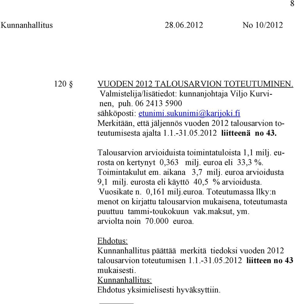 euroa eli 33,3 %. Toimintakulut em. aikana 3,7 milj. euroa arvioidusta 9,1 milj. eurosta eli käyttö 40,5 % arvioidusta. Vuosikate n. 0,161 milj.euroa. Toteutumassa llky:n menot on kirjattu talousarvion mukaisena, toteutumasta puuttuu tammi-toukokuun vak.