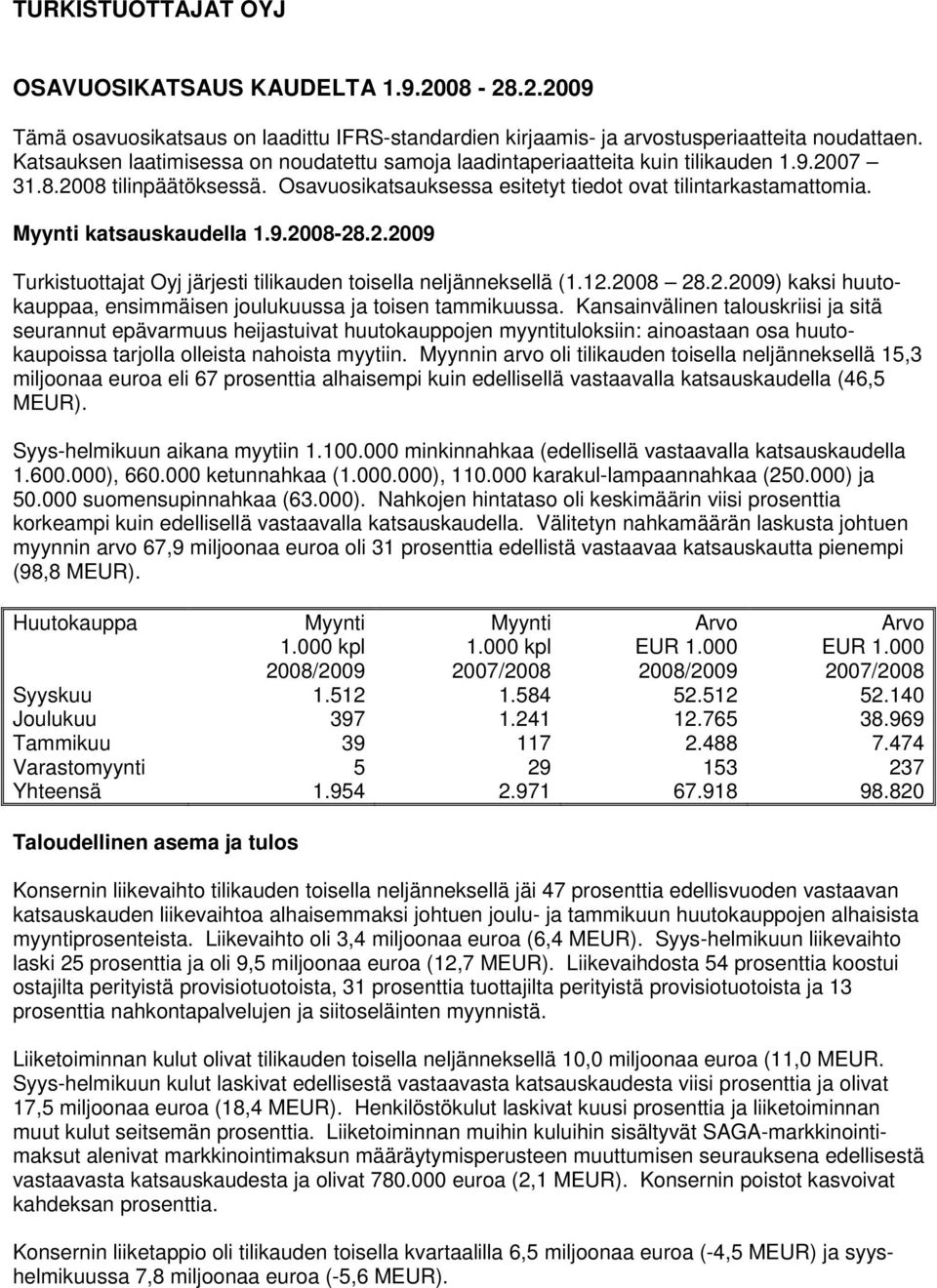 Myynti katsauskaudella 1.9.2008-28.2.2009 Turkistuottajat Oyj järjesti tilikauden toisella neljänneksellä (1.12.2008 28.2.2009) kaksi huutokauppaa, ensimmäisen joulukuussa ja toisen tammikuussa.