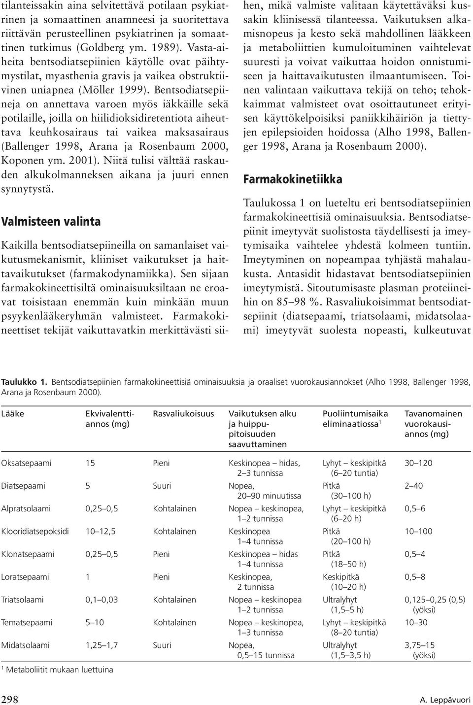 Bentsodiatsepiineja on annettava varoen myös iäkkäille sekä potilaille, joilla on hiilidioksidiretentiota aiheuttava keuhkosairaus tai vaikea maksasairaus (Ballenger 1998, Arana ja Rosenbaum 2000,