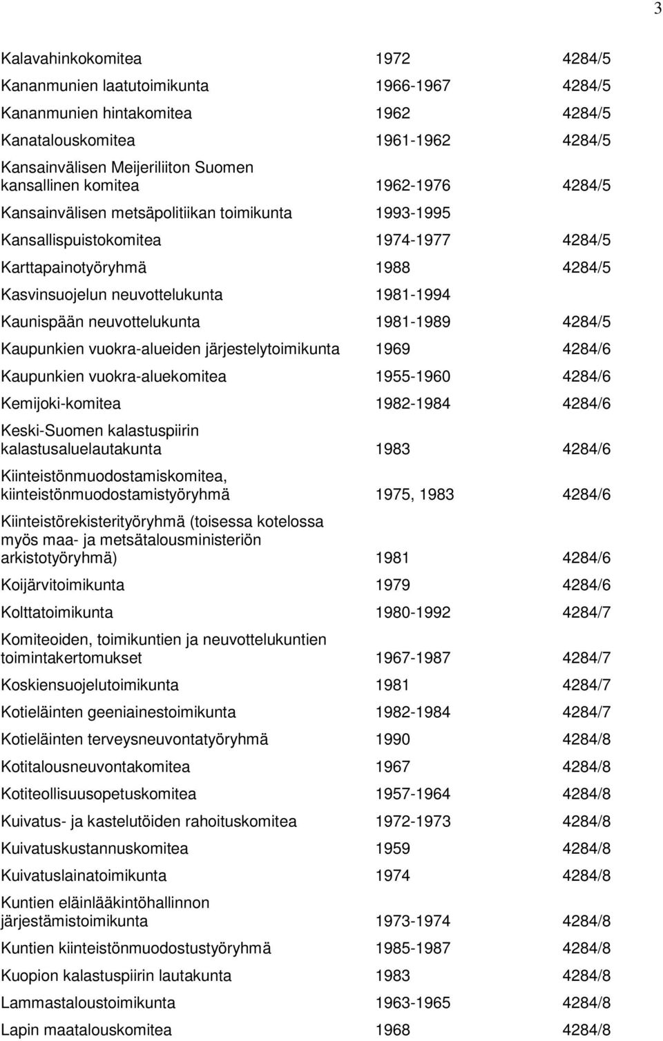 Kaunispään neuvottelukunta 1981-1989 4284/5 Kaupunkien vuokra-alueiden järjestelytoimikunta 1969 4284/6 Kaupunkien vuokra-aluekomitea 1955-1960 4284/6 Kemijoki-komitea 1982-1984 4284/6 Keski-Suomen