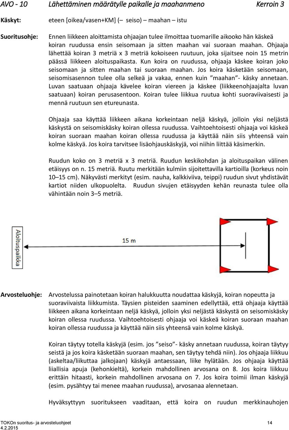 Kun koira on ruudussa, ohjaaja käskee koiran joko seisomaan ja sitten maahan tai suoraan maahan.