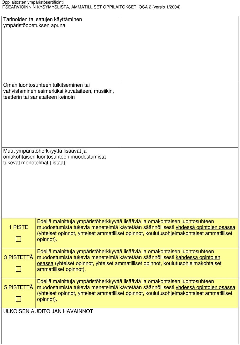 luontosuhteen muodostumista tukevia menetelmiä käytetään säännöllisesti yhdessä opintojen osassa (yhteiset opinnot, yhteiset ammatilliset opinnot, koulutusohjelmakohtaiset ammatilliset opinnot).