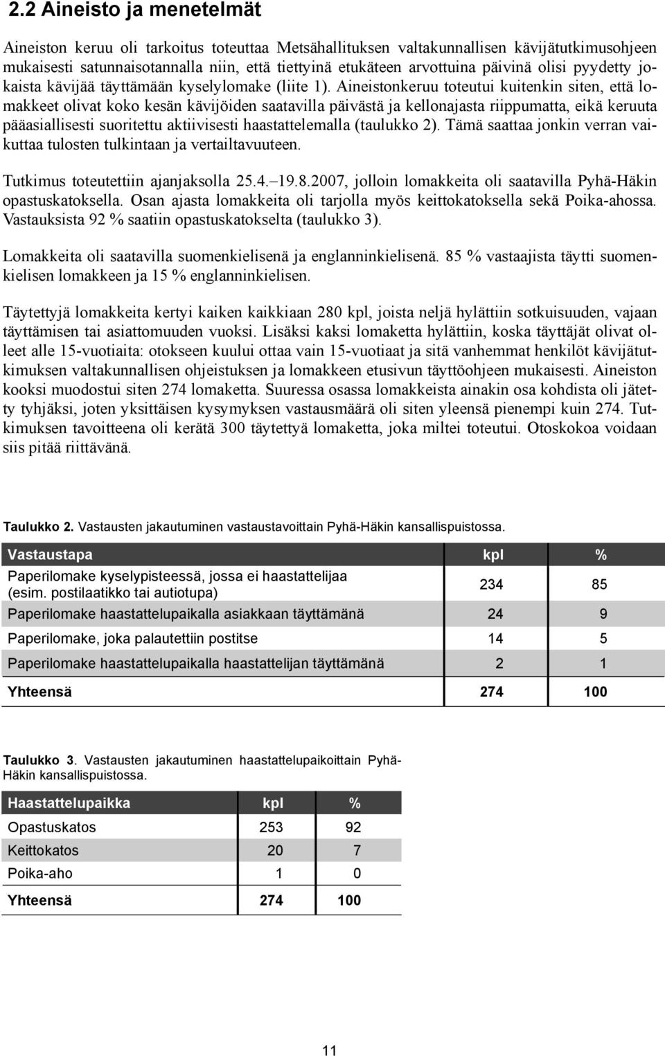 Aineistonkeruu toteutui kuitenkin siten, että lomakkeet olivat koko kesän kävijöiden saatavilla päivästä ja kellonajasta riippumatta, eikä keruuta pääasiallisesti suoritettu aktiivisesti