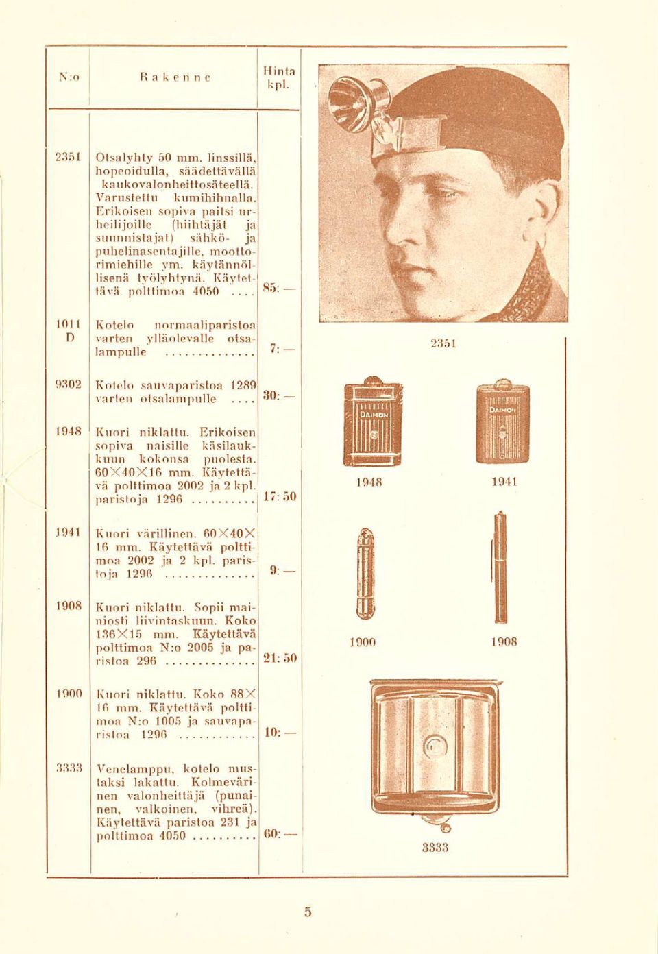 .. 4050 1011 Kotelo normaaliparistoa D varten ylläolevalle otsalampulle 7: 2351 9302 Kotelo sauvaparistoa 1289 varten otsalampulle 60:... 1948 Kuori niklattu.