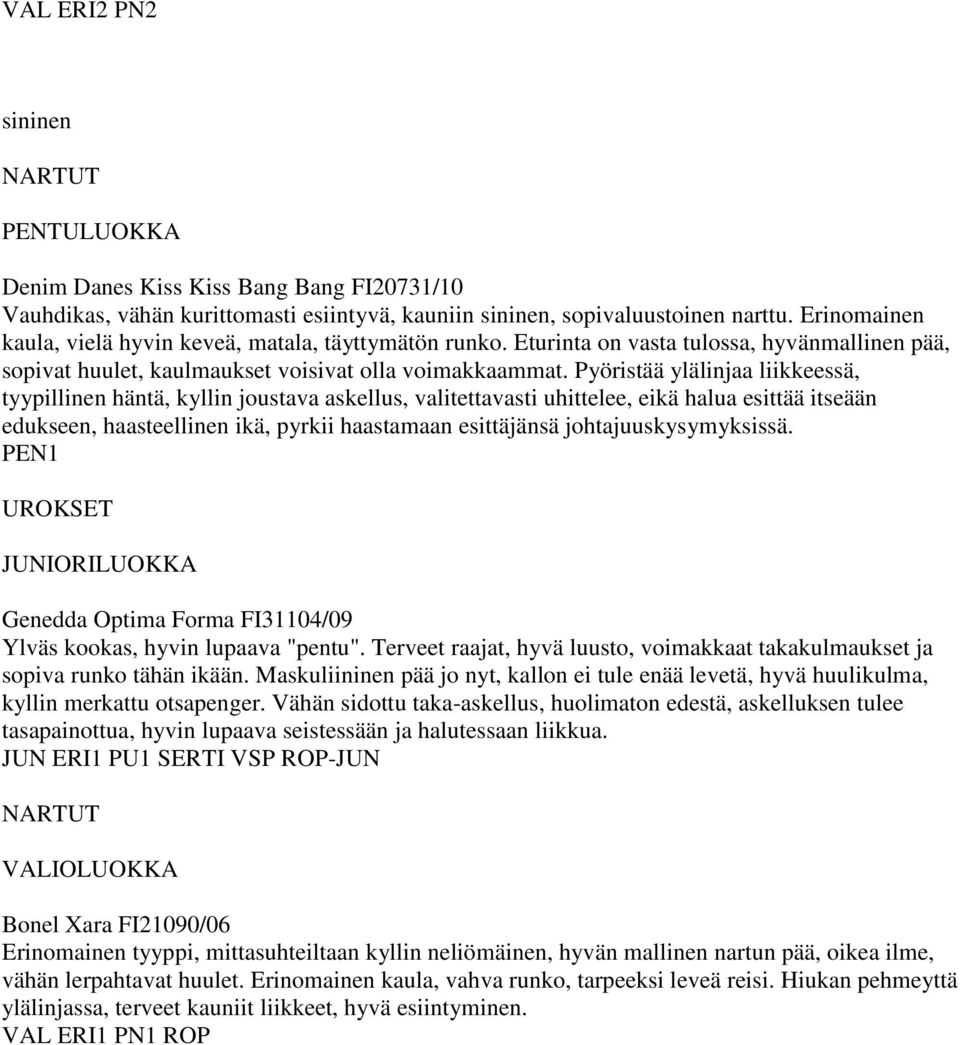 Pyöristää ylälinjaa liikkeessä, tyypillinen häntä, kyllin joustava askellus, valitettavasti uhittelee, eikä halua esittää itseään edukseen, haasteellinen ikä, pyrkii haastamaan esittäjänsä