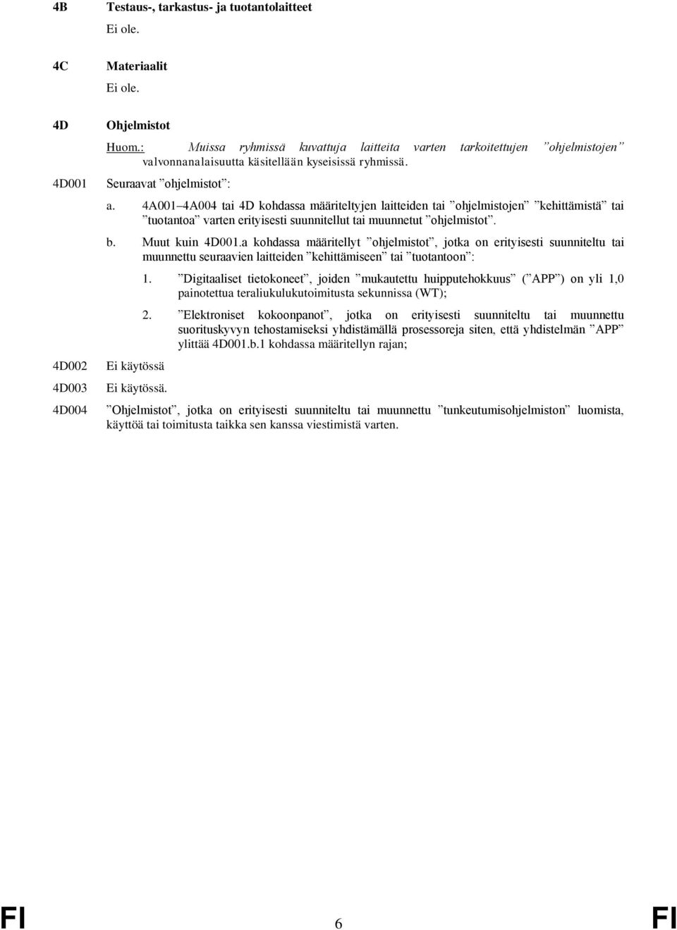 4A001 4A004 tai 4D kohdassa määriteltyjen laitteiden tai ohjelmistojen kehittämistä tai tuotantoa varten erityisesti suunnitellut tai muunnetut ohjelmistot. b. Muut kuin 4D001.