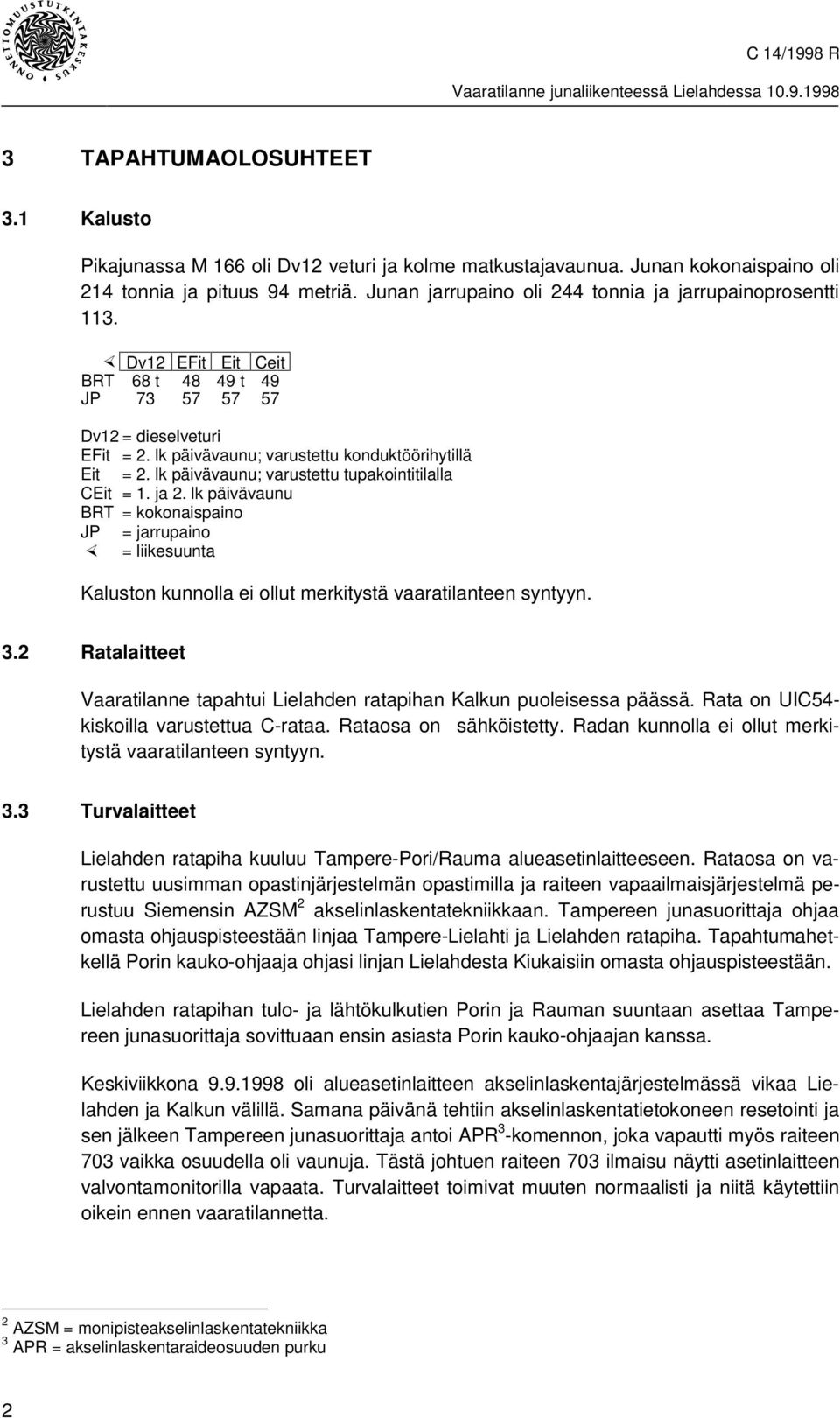 lk päivävaunu; varustettu tupakointitilalla CEit = 1. ja 2. lk päivävaunu BRT = kokonaispaino JP = jarrupaino ¼ = liikesuunta Kaluston kunnolla ei ollut merkitystä vaaratilanteen syntyyn. 3.