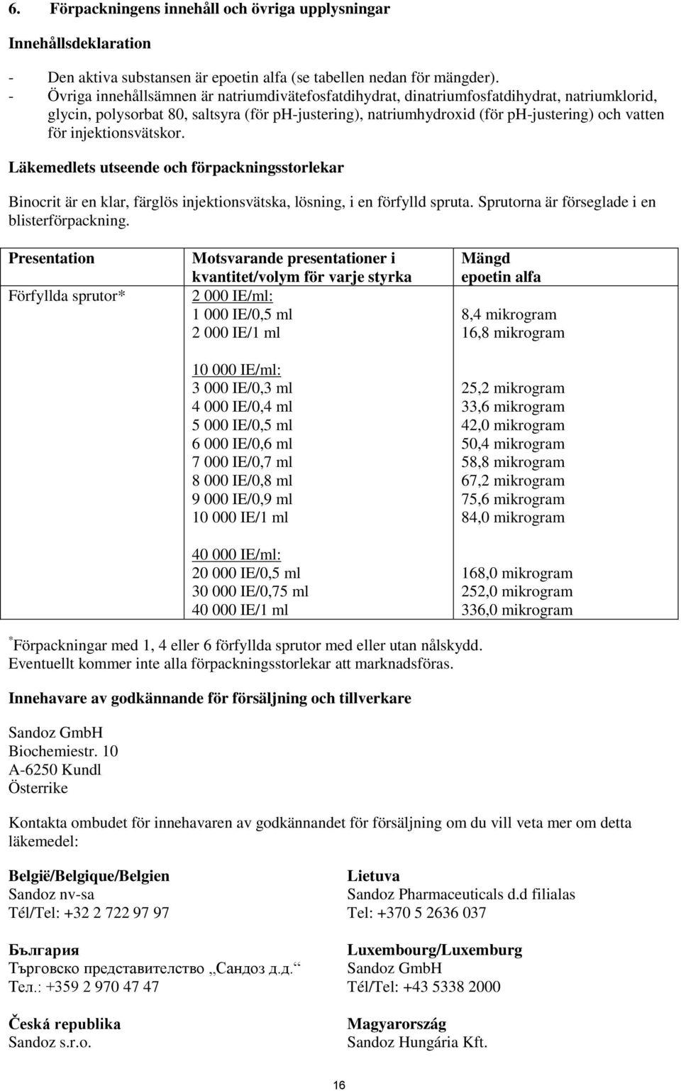 injektionsvätskor. Läkemedlets utseende och förpackningsstorlekar Binocrit är en klar, färglös injektionsvätska, lösning, i en förfylld spruta. Sprutorna är förseglade i en blisterförpackning.