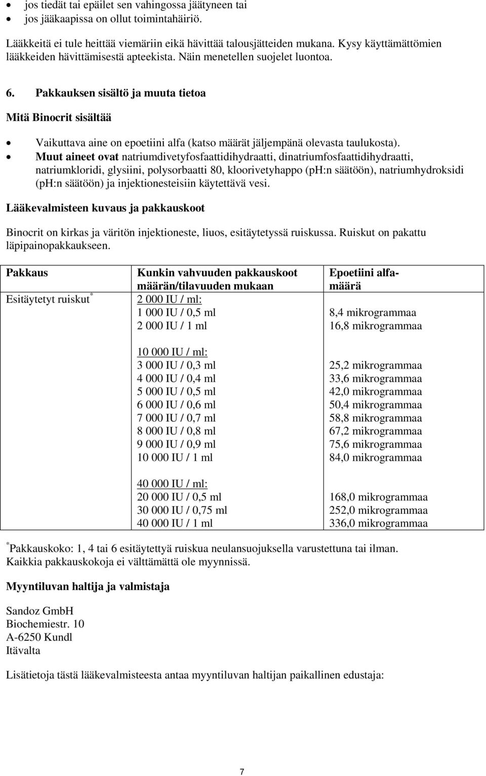 Pakkauksen sisältö ja muuta tietoa Mitä Binocrit sisältää Vaikuttava aine on epoetiini alfa (katso määrät jäljempänä olevasta taulukosta).
