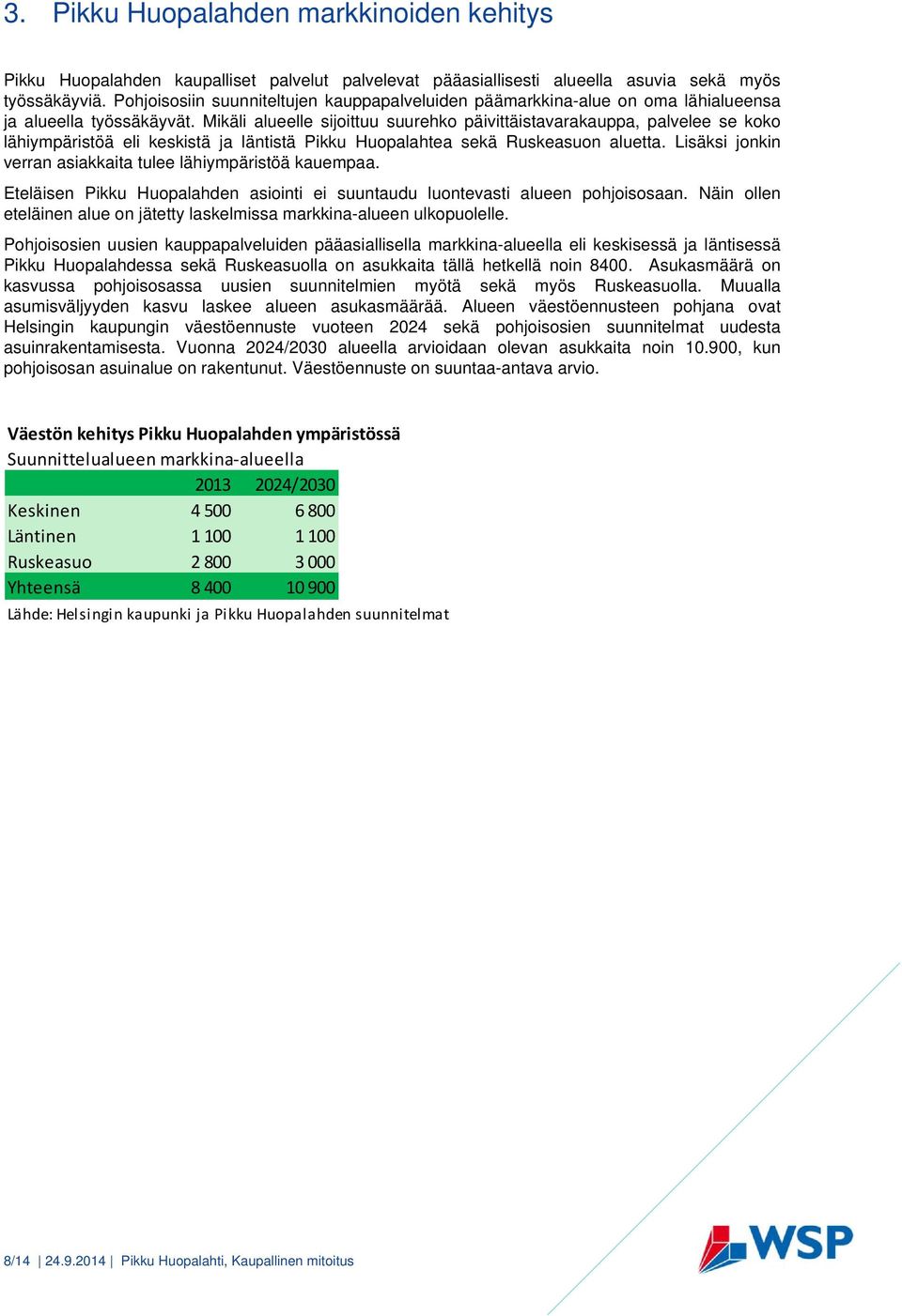 Mikäli alueelle sijoittuu suurehko päivittäistavarakauppa, palvelee se koko lähiympäristöä eli keskistä ja läntistä Pikku Huopalahtea sekä Ruskeasuon aluetta.