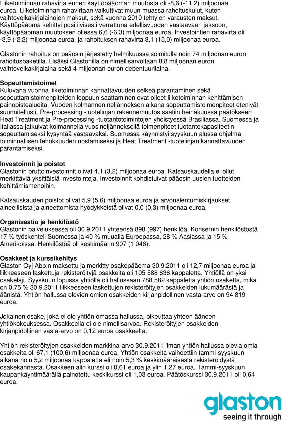 Käyttöpääoma kehittyi positiivisesti verrattuna edellisvuoden vastaavaan jaksoon, käyttöpääoman muutoksen ollessa 6,6 (-6,3) miljoonaa euroa.