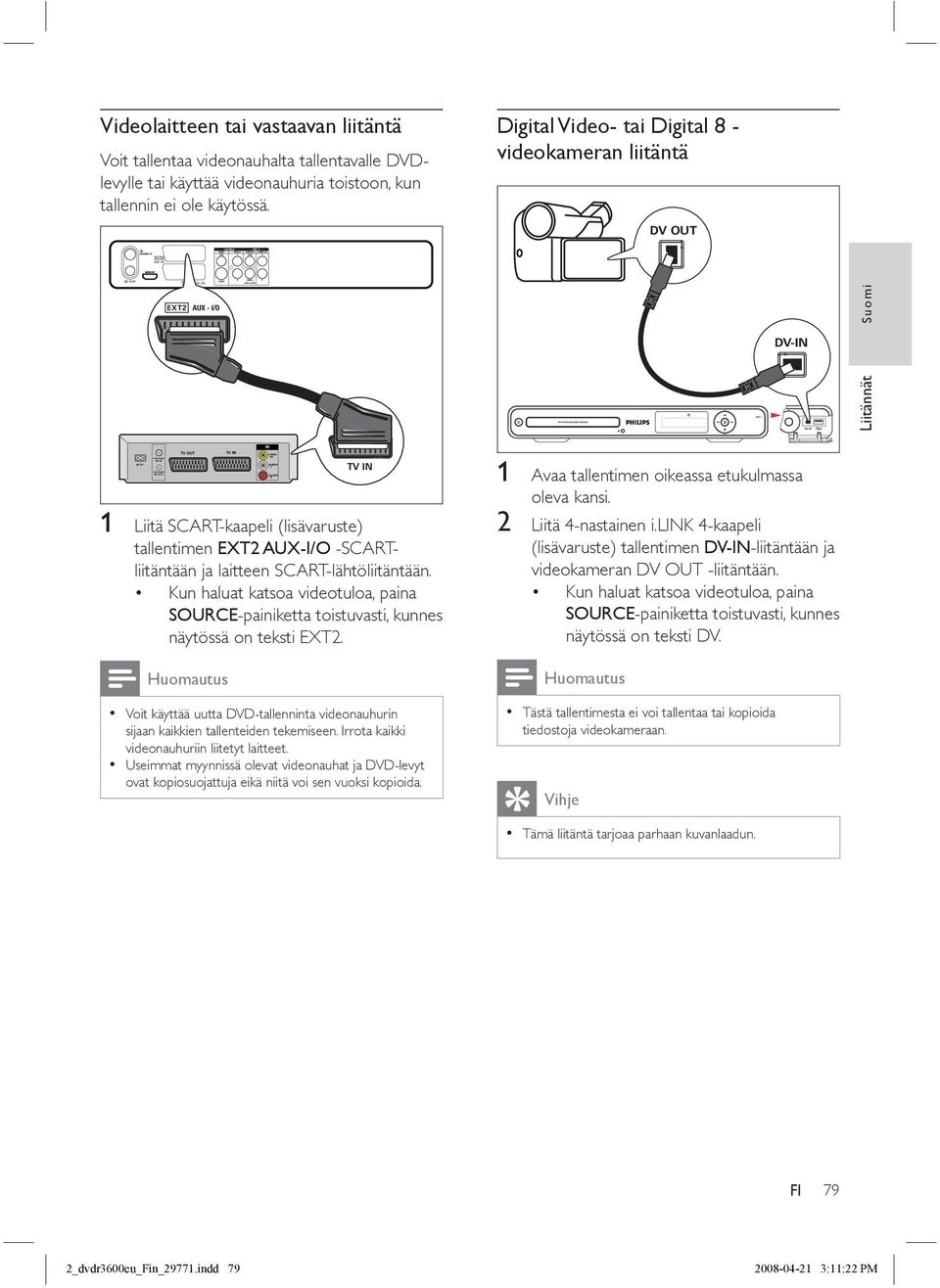 Digital Video- tai Digital 8 - videokameran liitäntä DV OUT EXT2 AUX - I/O DV-IN Liitännät Suomi TV OUT TV IN IN TV IN 1 Liitä SCART-kaapeli (lisävaruste) tallentimen EXT2 AUX-I/O -SCARTliitäntään ja