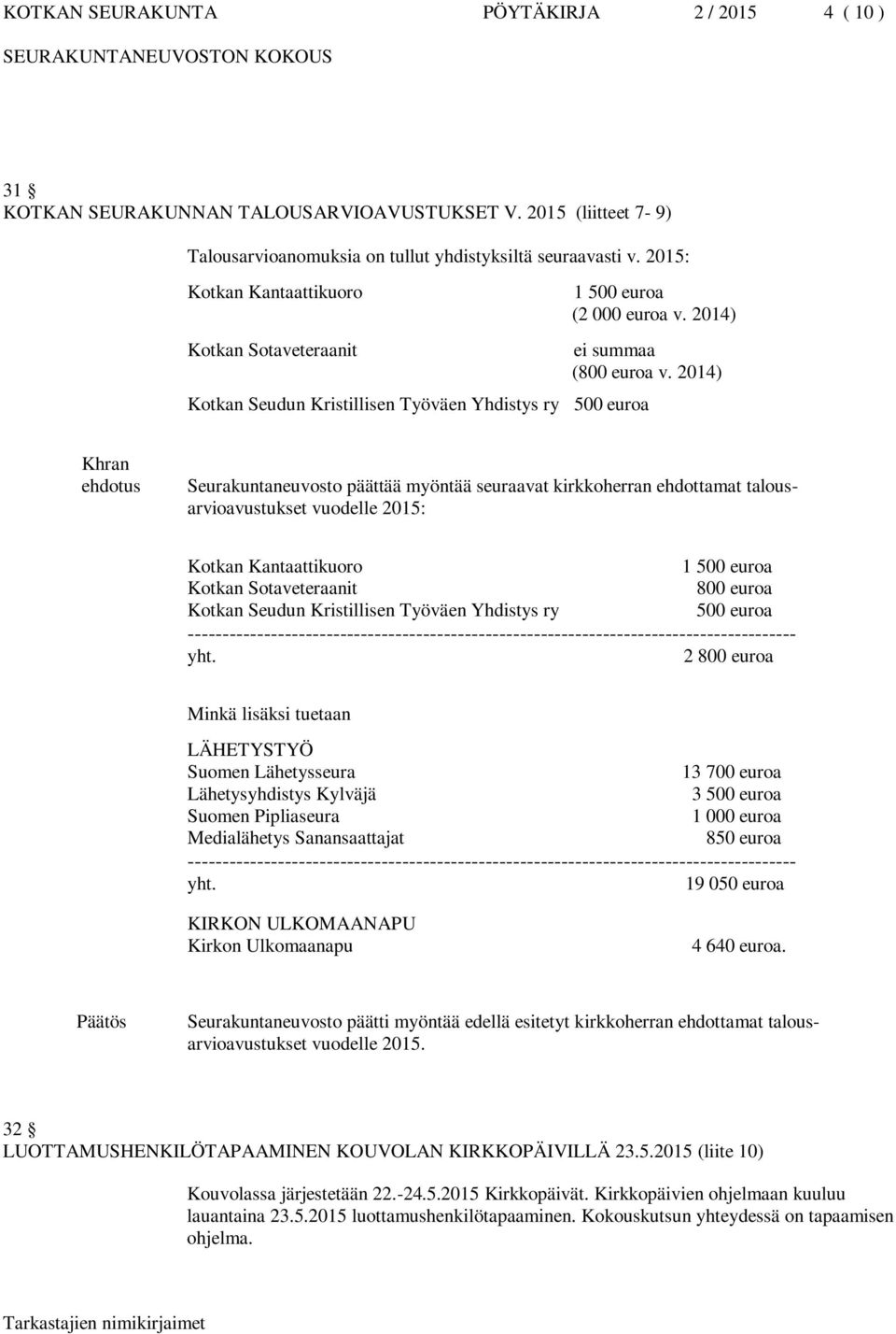 2014) Kotkan Seudun Kristillisen Työväen Yhdistys ry 500 euroa Seurakuntaneuvosto päättää myöntää seuraavat kirkkoherran ehdottamat talousarvioavustukset vuodelle 2015: Kotkan Kantaattikuoro 1 500