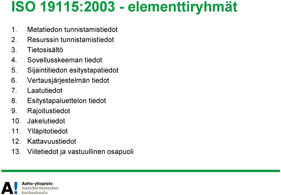 Sijaintitiedon esitystapatiedot 6. Vertausjärjestelmän tiedot 7. Laatutiedot 8.