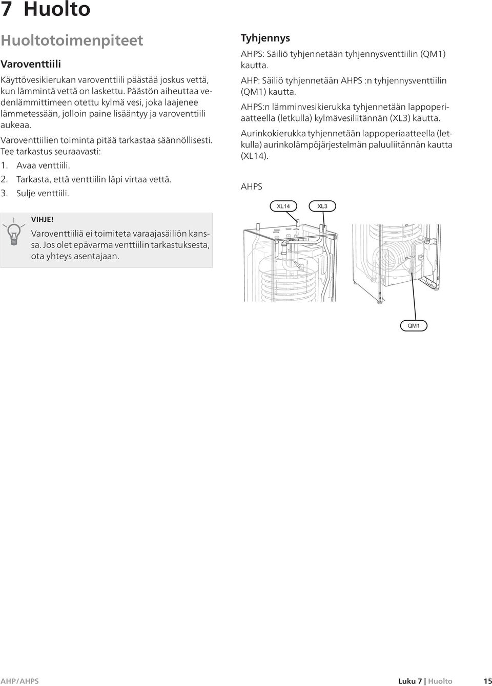 Tee tarkastus seuraavasti: 1. Avaa venttiili. 2. Tarkasta, että venttiilin läpi virtaa vettä. 3. Sulje venttiili. Tyhjennys AHPS: Säiliö tyhjennetään tyhjennysventtiilin (QM1) kautta.