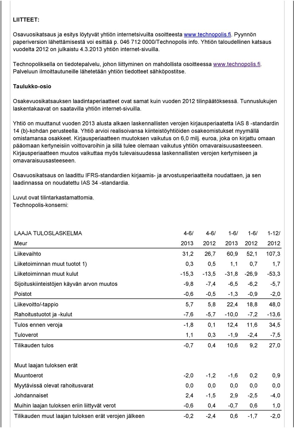 Palveluun ilmoittautuneille lähetetään yhtiön tiedotteet sähköpostitse. Taulukko-osio Osakevuosikatsauksen laadintaperiaatteet ovat samat kuin vuoden 2012 tilinpäätöksessä.