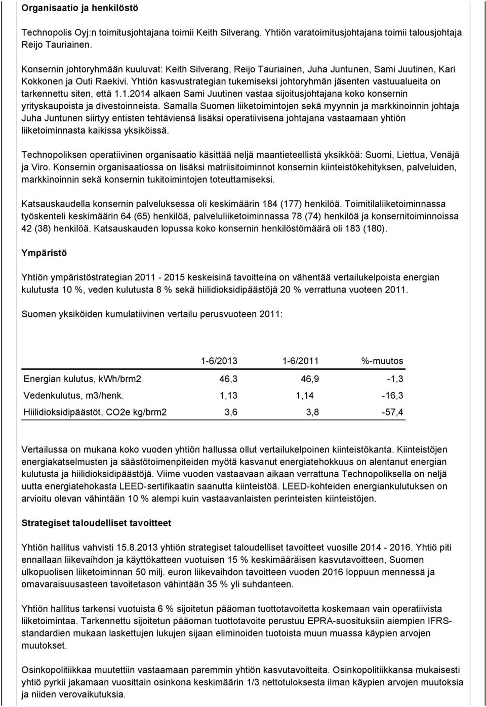 Yhtiön kasvustrategian tukemiseksi johtoryhmän jäsenten vastuualueita on tarkennettu siten, että 1.1.2014 alkaen Sami Juutinen vastaa sijoitusjohtajana koko konsernin yrityskaupoista ja divestoinneista.