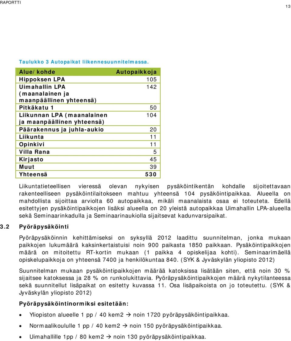 juhla-aukio 20 Liikunta 11 Opinkivi 11 Villa Rana 5 Kirjasto 45 Muut 39 Yhteensä 530 Liikuntatieteellisen vieressä olevan nykyisen pysäköintikentän kohdalle sijoitettavaan rakenteelliseen