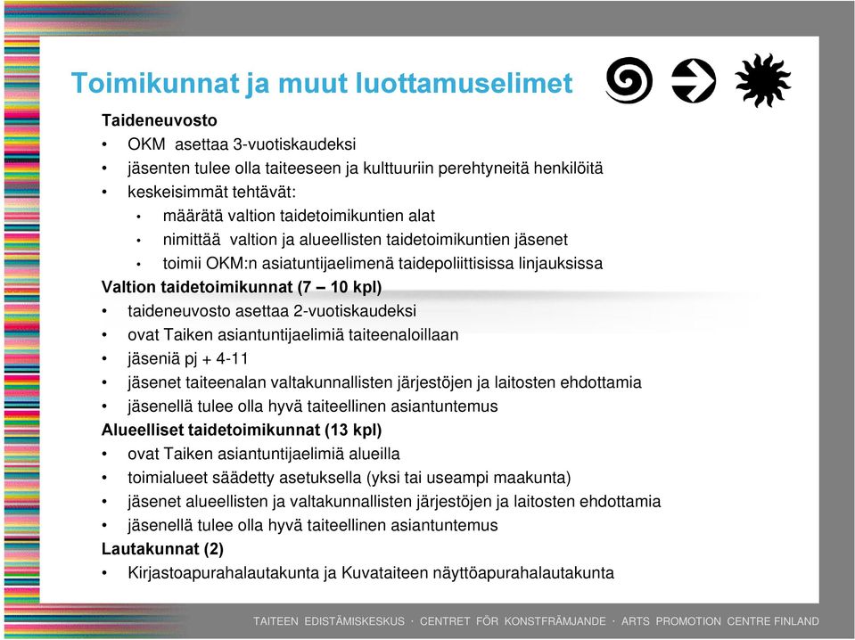 asettaa 2-vuotiskaudeksi ovat Taiken asiantuntijaelimiä taiteenaloillaan jäseniä pj + 4-11 jäsenet taiteenalan valtakunnallisten järjestöjen ja laitosten ehdottamia jäsenellä tulee olla hyvä