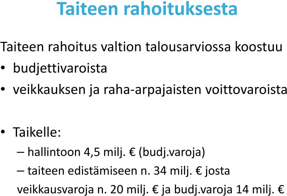 voittovaroista Taikelle: hallintoon 4,5 milj. (budj.