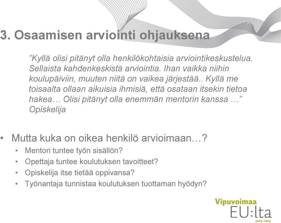 . Kyllä me toisaalta ollaan aikuisia ihmisiä, että osataan itsekin tietoa hakea Olisi pitänyt olla enemmän mentorin kanssa