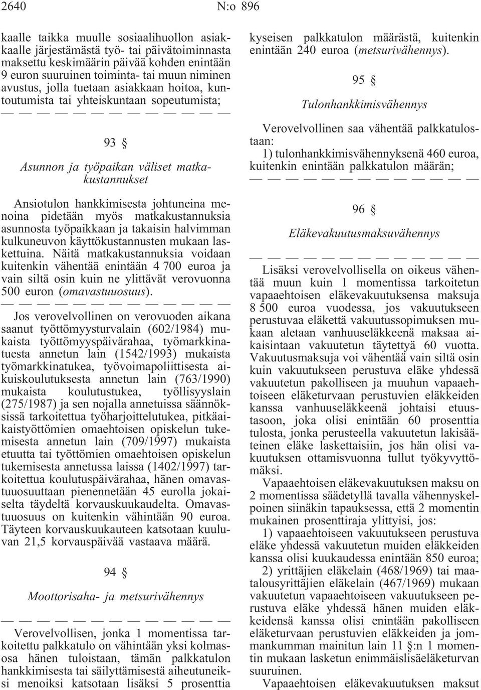 matkakustannuksia asunnosta työpaikkaan ja takaisin halvimman kulkuneuvon käyttökustannusten mukaan laskettuina.